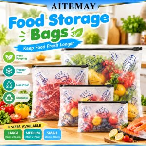 Aitemay 30pcs Reusable Food Storage Bags Leak Proof Antibacterial Layer Freezer Safe Ziplock Organizer Writable Label Kitchen Fresh Keeping Bag 3 Sizes