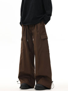 Retro Brown Multi-Pocket Work Pants Men Loose Hip Hop Wide Leg Straight Long Trousers Casual Youth Popular All Seasons