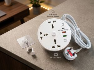 White Power Strip with USB Ports and Indicator Lights for Charging Devices on Desk