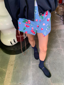 Blue Plaid Floral Half Skirt Womens Design Sensation Small Audience Mini Skirt Short Skirt Korean Style Commute Print Polyester A-Line Skirt