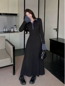 Elegant Black Long Sleeve Collared Dress Womens Inner Wear Spring Autumn High-End Feelings Matching Long Skirt