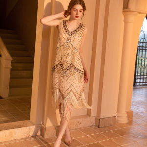 Retro Style Sequin Embellished Deep V-Neck Gatsby Evening Dress Midi Skirt with Tassel Detail for Womens Party And Wedding