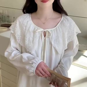 Cloud Cotton Pajamas for Women Spring Autumn Nightie with Chest Pads Sweet Doll Collar Long Sleeved Nightdress Princess Style Home Clothes Can Be Worn Outside