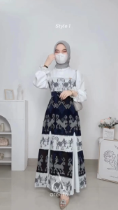 Areefa - Gamis Dress Etnik Tenun Premium Remaja Wanita Warna Putih Navy Gamis Tenun Etnik Kombinasi