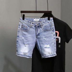 Summer Fashion Thin Denim Shorts Mens Korean Version Hole Five-Point Elastic Trendy Ins Earring Set Ear Cover Accessory