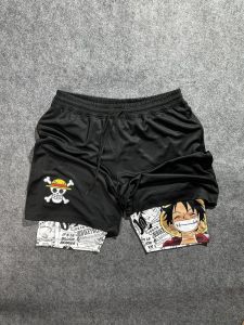 Bandai | 2026 Summer One Piece Retro Quick Dry Double Layer Shorts Men Monkey D. Luffy Laugh & Manga Print Oversized Athletic Shorts
