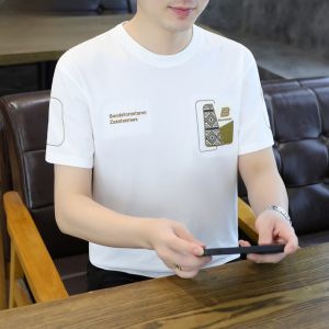 HENGYUANXIANG | Hengyuanxiang Mens Short Sleeve T-Shirt Round Neck Embroidered Slim Fit Summer Breathable Fashionable Base Shirt Top