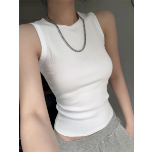 Áo Ba Lỗ Không Tay Cổ Tròn Màu Trắng Ôm Vừa Vặn Cho Nữ Mùa Hè Áo Ba Lỗ Kiểu Công Sở Màu Trơn Không Tay Áo Sơ Mi Hở Vai