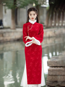 ชุดกี่เพ้าสีแดง ชุดราตรีผ้ากำมะหยี่ ชุดกี่เพ้าผู้หญิง ชุดกี่เพ้าฤดูใบไม้ร่วง/ฤดูหนาว ชุดกี่เพ้าสีแดง ชุดกี่เพ้าผู้หญิง