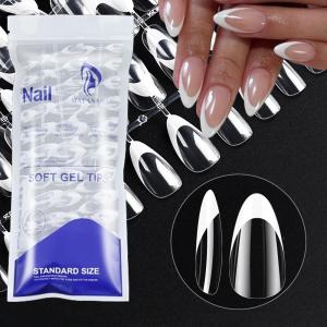 120Pcs Medium Almond French Fake Nails White Edge Design Clear Press On Nails Detachable Wearable False Nails Tip For Women Wear