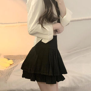 [ไอศกรีมและปลาวาฬ] กระโปรงจับจีบสองชั้นสำหรับสาวอ้วนเอวสูงสไตล์เพรพพี้ JK กระโปรงสั้นกันโป๊ทรง A กระโปรง