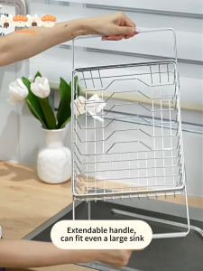SJorage Adjustable 304 Stainless Steel Sink Drain Basket Telescopic Dish Drying Rack for Kitchen