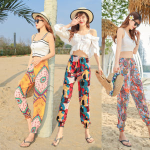 Cotton Silk Lightweight Beach Pants for Women Mosquito Repellent Long Trousers with Foot Tie Sleepwear for Summer Ice Silk
