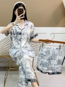 ชุดนอนผ้าไหมน้ำแข็ง ชุดสามชิ้น แขนสั้น ขาสั้น กางเกงขายาว สำหรับผู้หญิง ชุดอยู่บ้านฤดูร้อน สวมใส่สบาย เดรสนอน