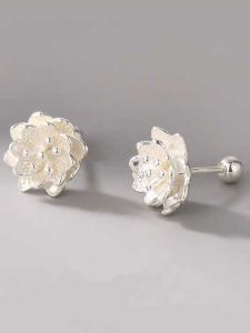 ต่างหูสเกลารูปดอกบัวเงิน S925 สำหรับผู้หญิง ต่างหูแบบหมุดหน้าม้าทรงกลมและเหลี่ยม ไม่แพ้ ชุบทองคำ