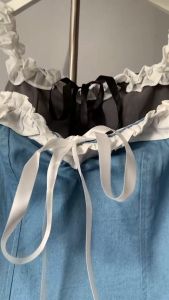 Xanh nhạt/ đậm/ Xám Full lót Đầm chữ A 2 dây viền bèo dây cột 2 kiểu tôn dáng gợi cảm dễ thương nữ tính GOMA DRESS