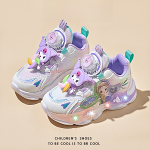 New Rotation Button Lighting Shoe for Girls Cartoon Princess Mesh Upper Sports Shoe Kids Fashionable Bright Light Flip Flop