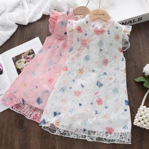 Girls Party Fashion Sleeveless Cute Butterfly Print Lace Princess Dress 1 Pc 2-7 Years Kids Summer Daily Casual Clothes