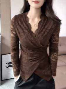 QINGNAER | Elegant Lace V-Neck Large Size Blouse Slimming Versatile Long Sleeve