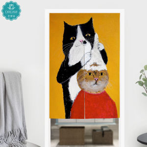 Modern Simple Cartoon Half Curtain Oil Painting Cat Childrens Room Home Bedroom Partition Bathroom Door Curtain Magic Tape