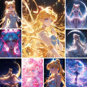 DIY Golden Glow Sailor Moon Diamond Painting Anime Character Pastel Star Moon Modern Wall Decoration for Living Room Bedroom