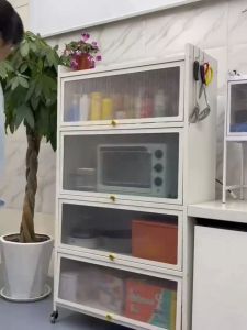 Carbon Steel White Kitchen Cabinet Microwave Oven Shelf Multifunctional Storage Shelf With Cabinet Door With Wheels Cabinet