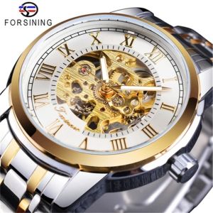 FORSINING 349 Mens Mechanical Watch Business Round Skeleton Silvery Black Stainless Steel Manual Wrist Watches for Male Clock