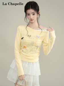 La Chapelle | Polka Dot Cartoon Printed Bow Design Slant Collar Off-shoulder Long Sleeve Tshirt Spring