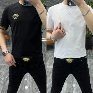 Luxurious Short Sleeve Mens T-Shirt Comfortable Silk Cotton Fashionable Summer Trendy Diamond Studded Versatile Youthful Fit