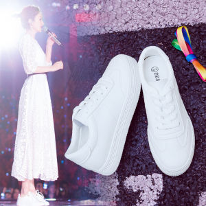 Womens Sporty Casual Thick Bottom Heightening White Sneakers Leather Surface Fall New Style Popular Cross Strap Platform Shoes