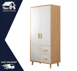 Crazy Home Modern Minimalist 2-Door Wardrobe Closet - Nordic Wood & White Design with 2 Drawers Storage Cabinet大衣柜