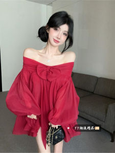 Váy Voan Chữ a Một Bên Vai Kiểu Pháp Thắt Nút Bướm Váy Ngắn Lưới Mùa Đông Váy Dài Tay Rộng Rãi Cho Nữ