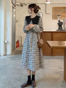 plus Size Spring Autumn Floral Print Puff Collar Dress Slimming Belly Cover French Style Ageless Commute Korean Style Long Sleeve A-Line Dress