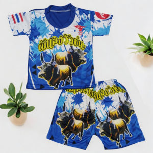 ชุดแขนสั้นเด็ก ผ้าไมโครไฟเบอร์ ไซส์ S กับ M ลายวัวชน S 1-2 ปี 12กิโล M 2-4 ปี 12-17กิโล