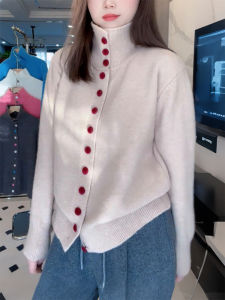 QINGNAER | Elegant Soft Knitted Cardigan Large Size Autumn 2025 New High Collar Single Row Button