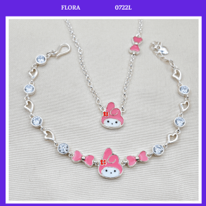 FLORA 0722L - Set bạc ta dây chuyền lắc tay (dây trái tim có thể thay đổi) hình thỏ My Melody màu hồng dành cho bé gái