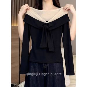 Loowmane | Plus Size Black Ribbon V-Neck Long Sleeve Slimming Faux Two-Piece Blouse