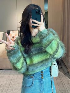 Gradient Color Mink Wool Loose Knitted Sweater Womens Spring Autumn Lazy Style Soft Long Sleeve Striped Top