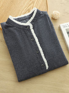 Retro Artistic Lace Trim Stand Collar Long Sleeve Womens Shirt French Style Gentle Soft Brushed Plaid Base Top
