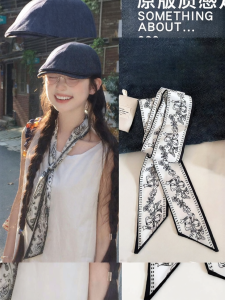 PINK EMPRESS | Black and White Floral Bow Simple Narrow Scarf
