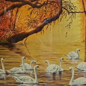 Tranh sơn mài phong cảnh bầy thiên nga size 49x100 cm