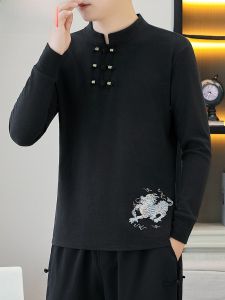 HENGYUANXIANG | Hengyuanxiang Mens Long Sleeve Thermal Shirt Thickened German Velvet Embroidered Traditional Chinese Tang Costume Fashionable Urban Style