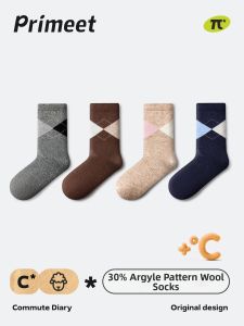 PRIMEET | Warm Thermal Retro Diamond Patterned Wool Socks for Ladies Mid-Calf