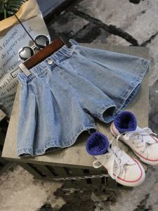 Fashionable Wide Leg Denim Shorts Skirt Baby Girls Summer Clothes Korean Style Pleated Skirt Pants for Kids Ages 2-12