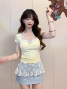 Áo Thun Nữ Tay Ngắn Ôm Vừa Vặn Cổ Chữ U Mùa Hè Phong Cách BM Eo Nhỏ Phong Cách Nước Hoa Ngắn Áo Thun Cotton Pha Trộn