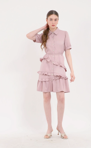 Krizia Button Down Tie Waist Layerd Ruffled Skirt Dress