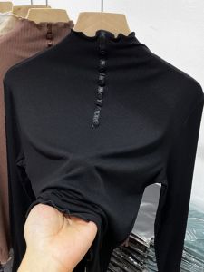 plus Size Ice Silk Ribbed Mid-Neck Base Shirt Womens Spring Winter Fat MM Belly Covering Meat Concealing Long Sleeve Top