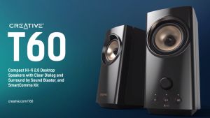 CREATIVE T60 2.0 Compact Hi-Fi Desktop Speakers with Clear Dialog and Surround by Sound Blaster SmartComms Kit USB-C Audio Mic and Headset Ports Bluetooth 5.0 up to 60W Peak Power for Computers