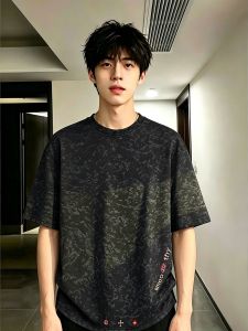 ZHUOCAN | Black Dye Tie Embroidery Regular Shoulder Short Sleeve Mens Summer Design Tight Collar Retro T-Shirt