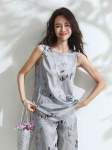 Miccbeirn | Silk Elastic Printed Vest Top Vintage Artistic Style Commute Sleeveless Inner Wear Floral Pattern Round Neck Loose Fit Summer